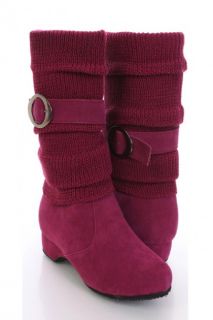 Fuchsia Faux Suede Strapped Slouchy Knit Sleeve Boots @ Amiclubwear 