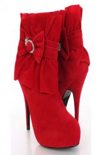Red Faux Suede Rhinestone Bow Pleated Ankle Boots @ Amiclubwear Boots 