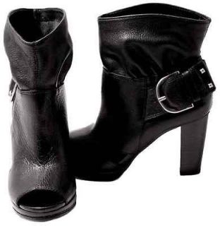 Gianni Bini Womens Shoes Black Leather Jet Set Peep toe Ankle Boots