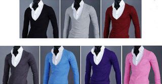 New Korean Mens Casual Slim V neck Long Sleeve T shirt Tee 7 color 4 