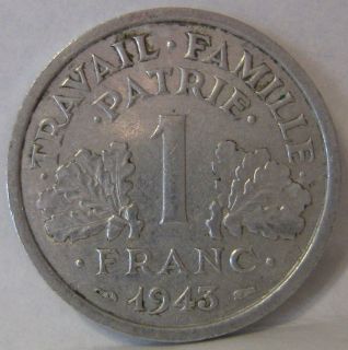 FRANCE 1 Franc 1943 (Vichy Government World War II) K&K Coin # H0434