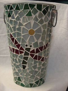 Mosaic Dragon Fly Glass on Metal Tin Vase Can with Handles