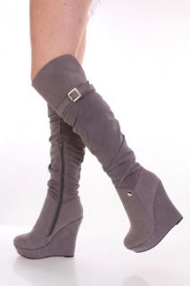 Home / Grey Faux Suede Buckle Accent Knee High Wedge Platform Boots