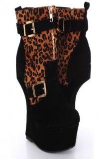 Black Leopard Faux Suede Zipper Detail High Booties Wedges 