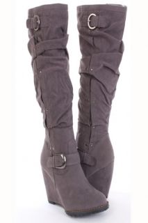 Grey Faux Suede Slouchy Buckle Accent Wedge Boots @ Amiclubwear Boots 