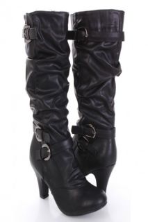 Home / Black Faux Leather Slouchy Buckle Strapped Mid Calf Boots