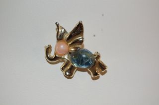 Vintage Oleet Gold Tone Blue Stone Pink Stone Elephant Pin 123