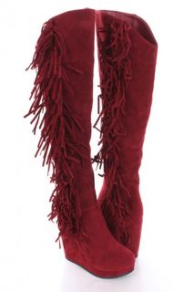 Red Faux Suede Side Fringe Knee High Wedge Boots @ Amiclubwear Boots 