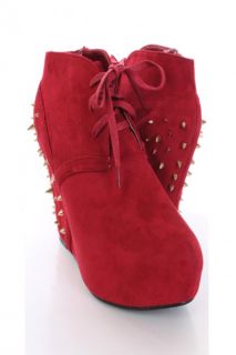 Red Faux Suede Spike Studded Ankle Bootie Wedges @ Amiclubwear Wedges 