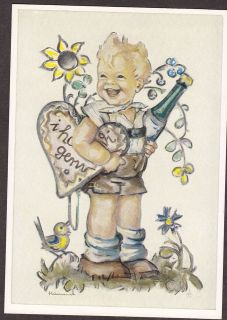 G1465 4x6 Postcard Hummel, Laughing Boy Heart Sunflower