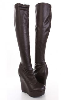 Brown Faux Leather Knee High Platform Wedge Boots @ Amiclubwear Boots 