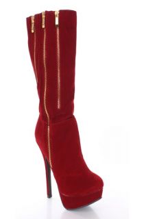 Red Faux Suede Side Zippers Mid Calf Platform Boots @ Amiclubwear 