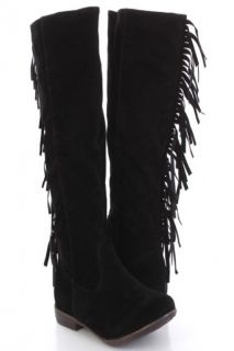 Black Faux Suede Back Fringe Mid Calf Casual Boots @ Amiclubwear Boots 