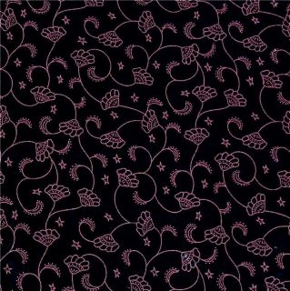 Henry Glass Cotton Fabric Dark Pink Jacobean Flowers Scrolled on Black 