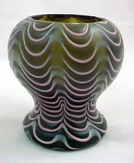 Antique Bohemian Olive Green & Pink Wavy Drape Art Glass Vase   Kralik 