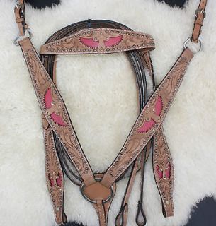 New Western Leather Horse Bridle Headstall Breast Collar Studded Pink 
