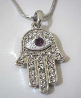 Silvertone Metal Swarovski Crystals Evil Eye Hamsa Hand Necklace