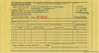 1959 NEWARK HACKENSACK Opium Cocaine Heroin Narcotic IRS Order Form 