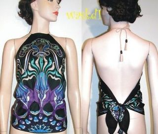 GUCCI black with Peacock FLORAL print Silk scarf Logo HALTER top NWT 