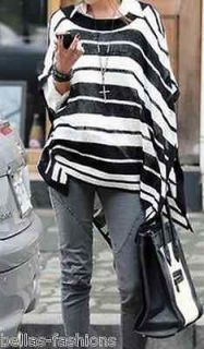 Black & White Stripe Boho Modern Cut Soho Knit Cape Style Sweater Top 