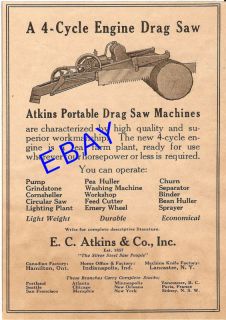 RARE 1919 ATKINS 4 CYCLE GASOLINE ENGINE DRAG SAW AD