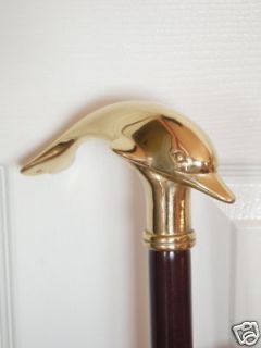 DOLPHIN WALKING CANE Stick SOLID BRASS & WOOD Free S/H 37 1/2 NEW