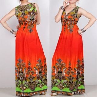 Sexy lady Deep V sleeveless Orange Boho Summer long maxi dress D002 1 