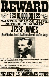 JESSE JAMES WANTED DEAD OR ALIVE POSTER METAL PLAQUE SIZES  11x8 