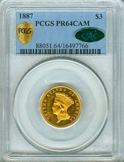 1887 Three Dollar Gold $3 PCGS PR64 Cameo (CAC)
