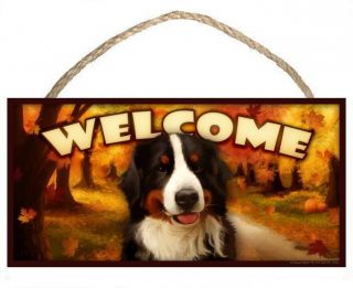 Bernese Mountain Dog Fall / Autumn Wooden Welcome Dog Sign Made In USA