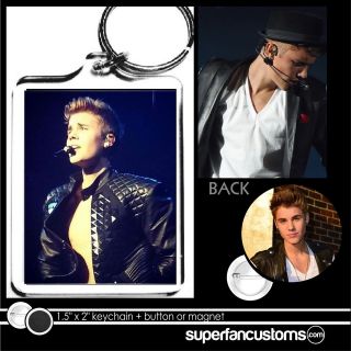 Justin Bieber KEYCHAIN + BUTTON or MAGNET key ring pin beiber badge 