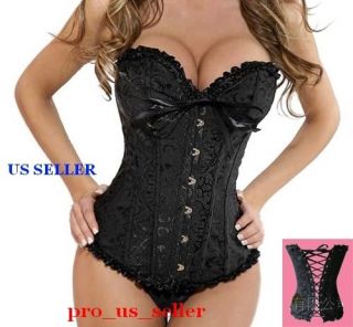 New Sexy Black Satin Lace Up Corset Bustier + G String S M L XL