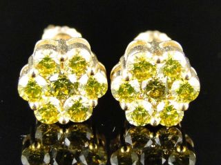 10K Mens Ladies Yellow Gold 10 Mm Canary Diamond Cluster Stud Earrings 
