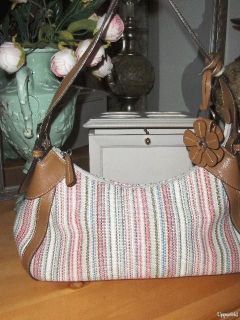 striped FOSSIL leather flower Logo fob satchel purse handbag hobo bag 