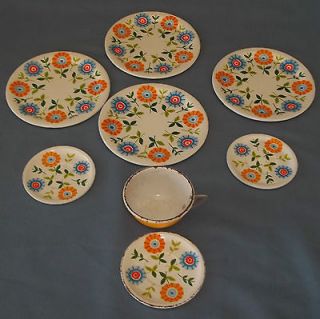 VTG RETRO FLOWER TIN LITHO METAL DISHES CUP PLATES CHILDS PRETEND PLAY 