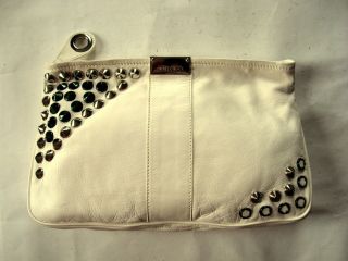 Jimmy Choo Creamy White Leather Clutch Silver & Green Cone Ring Studs