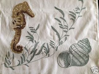 POTTERY BARN SEAHORSE SCENIC EMBROIDERED TABLE RUNNER NEW SHELL OCEAN 