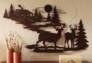3D Rustic Northwoods Cabin Deer Metal Wall Art Pine Tree Woodland 