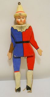   Child Clown Jester Wood w/ Paper Mache Head Jumping Jack Toy Doll