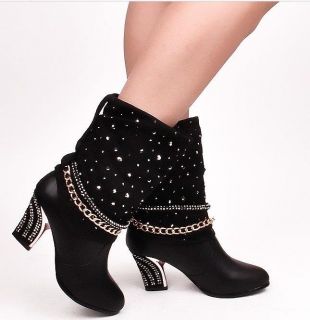 Snow boots winter new women in tube high heeled suede rhinestone cuffs 