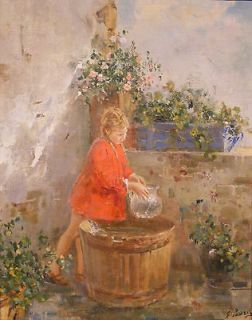 Giovanni Panza c.1950s Impressionist painting Italian girl portrait 