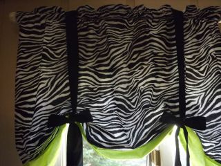 Zebra Black White Lime Green Trim Window Curtain Valance WIDE WIDTH 