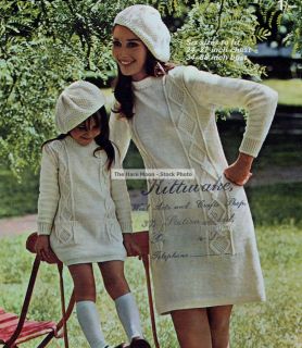 Vintage Knitting Pattern Ladies/Girls Aran Style Mini Dress & Beret 