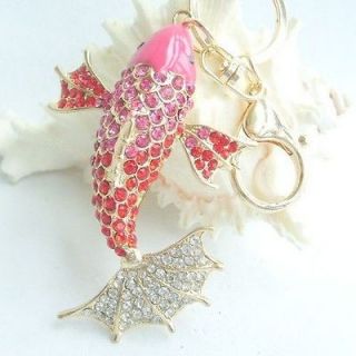 Swimming Japanese Koi Fish Key Chain w Pink&Red Rhinestone crystals 