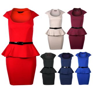 Womens Belted Peplum Short Length Frill Pencil Skirt Bodycon Dress 