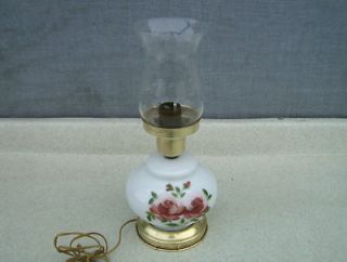 Vintage Table Hurricane Lamp Hand Painted Roses & Etched Chimney 
