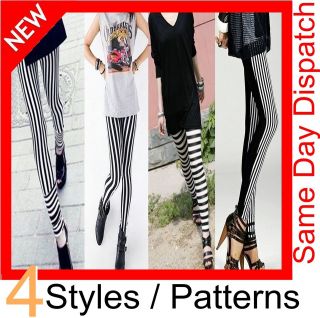 New Womens Black & White Striped Stretch Pattern Leggings Zebra Pants 