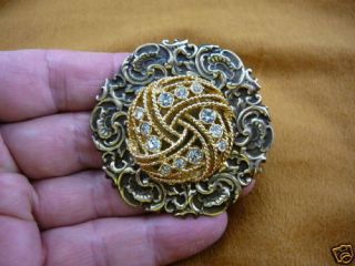br 270) Circle white rhinestones filigree brass pin pendant Wow
