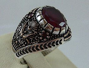925 STERLING SILVER MENS RUBY RING WITH OTTOMAN COAT OF ARMS SIZE 9 