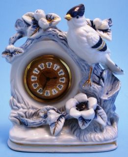 Linden Blue & White Porcelain Mantel Clock Blue Jay Bird Flowers